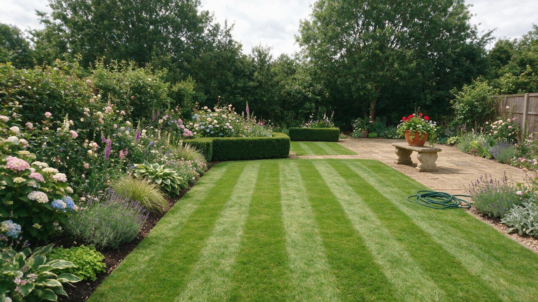 Beautifully landscaped garden lawn and borders in Worcestershire after a Spring Forward Landscaping maintenance visit