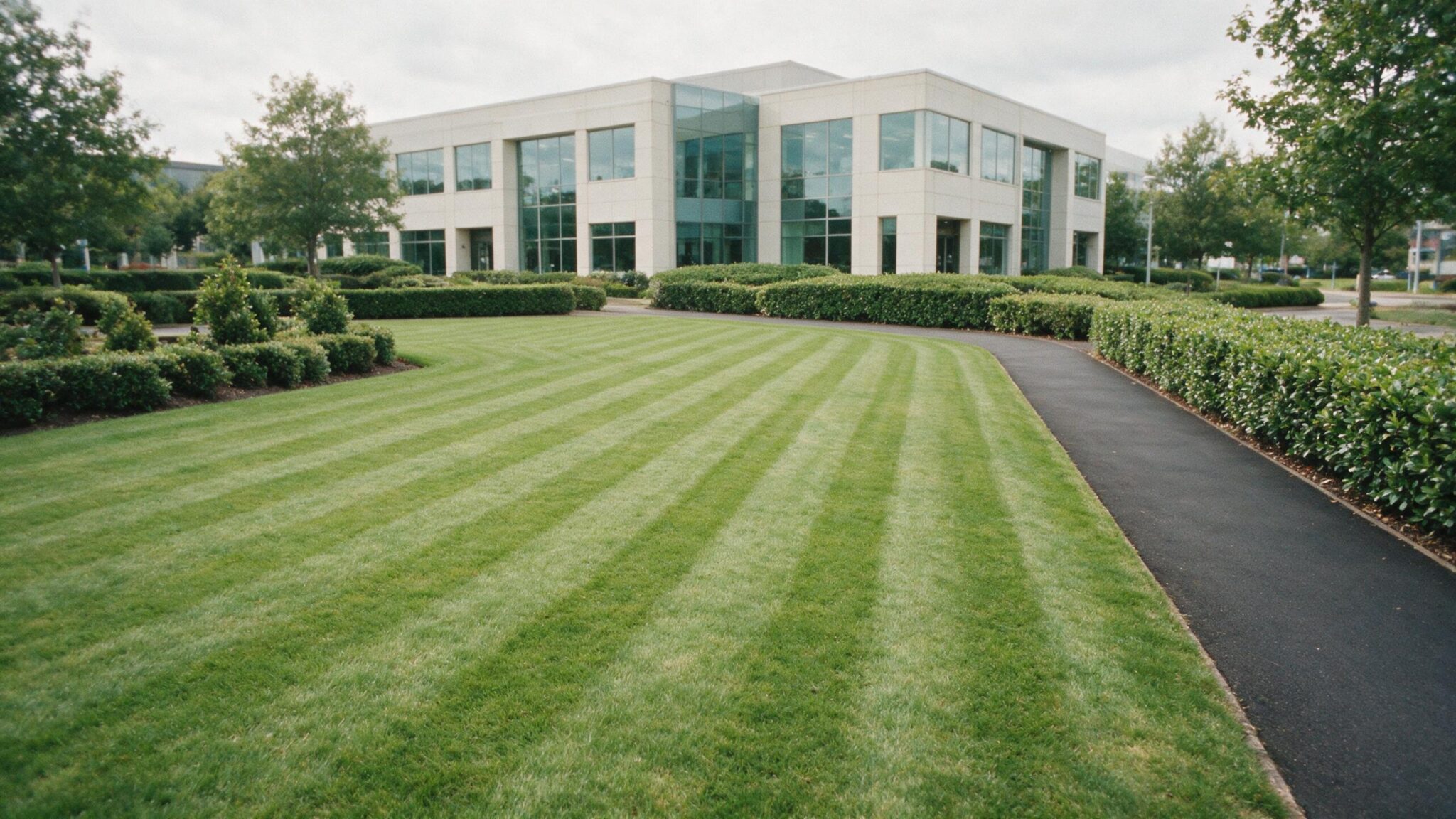Neatly mown lawn and tidy hedging on a commercial grounds maintenance contract in Worcestershire