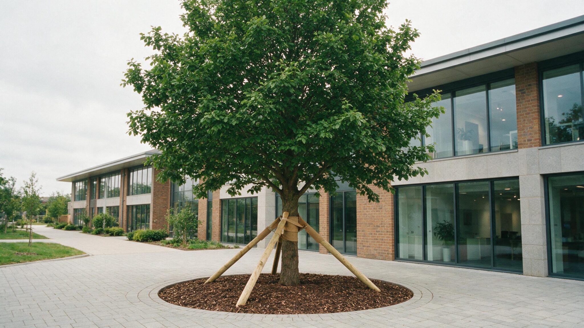 Large semi-mature tree staked and freshly planted on a commercial development in Worcestershire