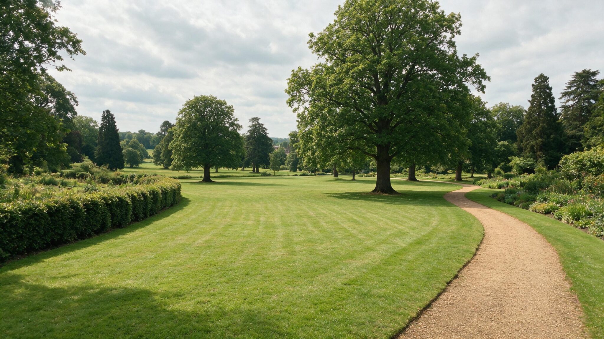 Manicured estate grounds with mown lawns and hedgerows in Worcestershire