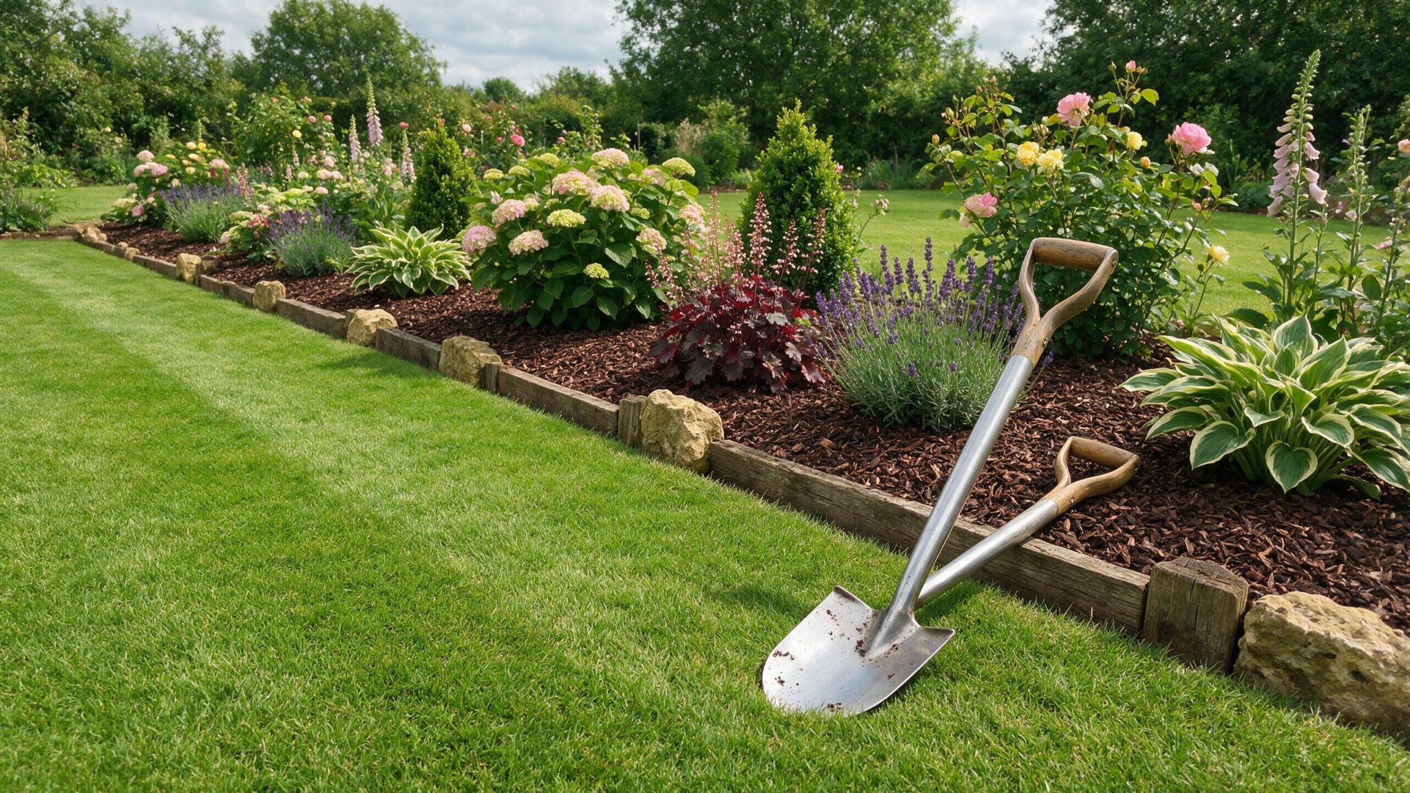 Neatly edged and mulched flower border after garden border maintenance in Worcestershire