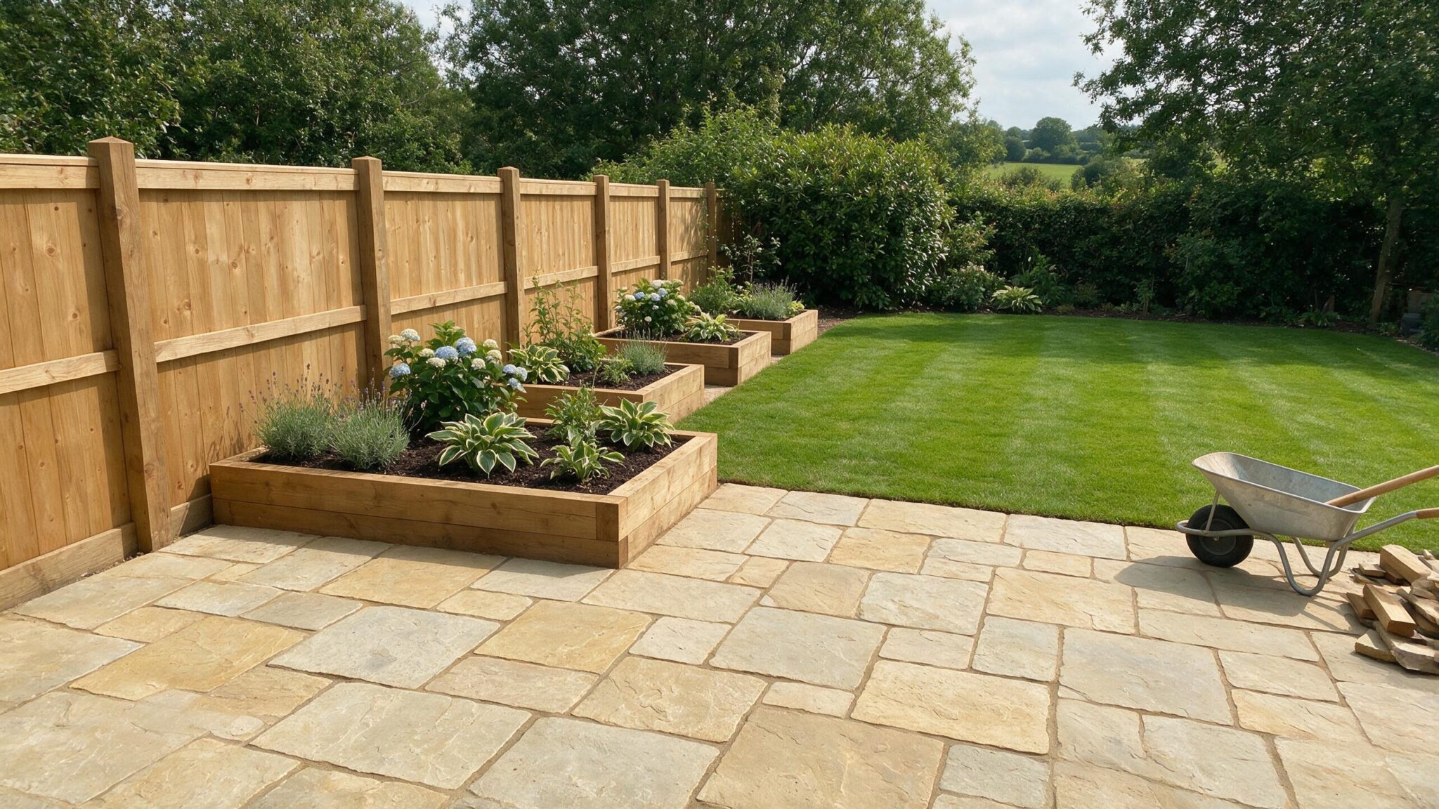 Newly completed garden landscaping project with patio, fencing and turf in Worcestershire