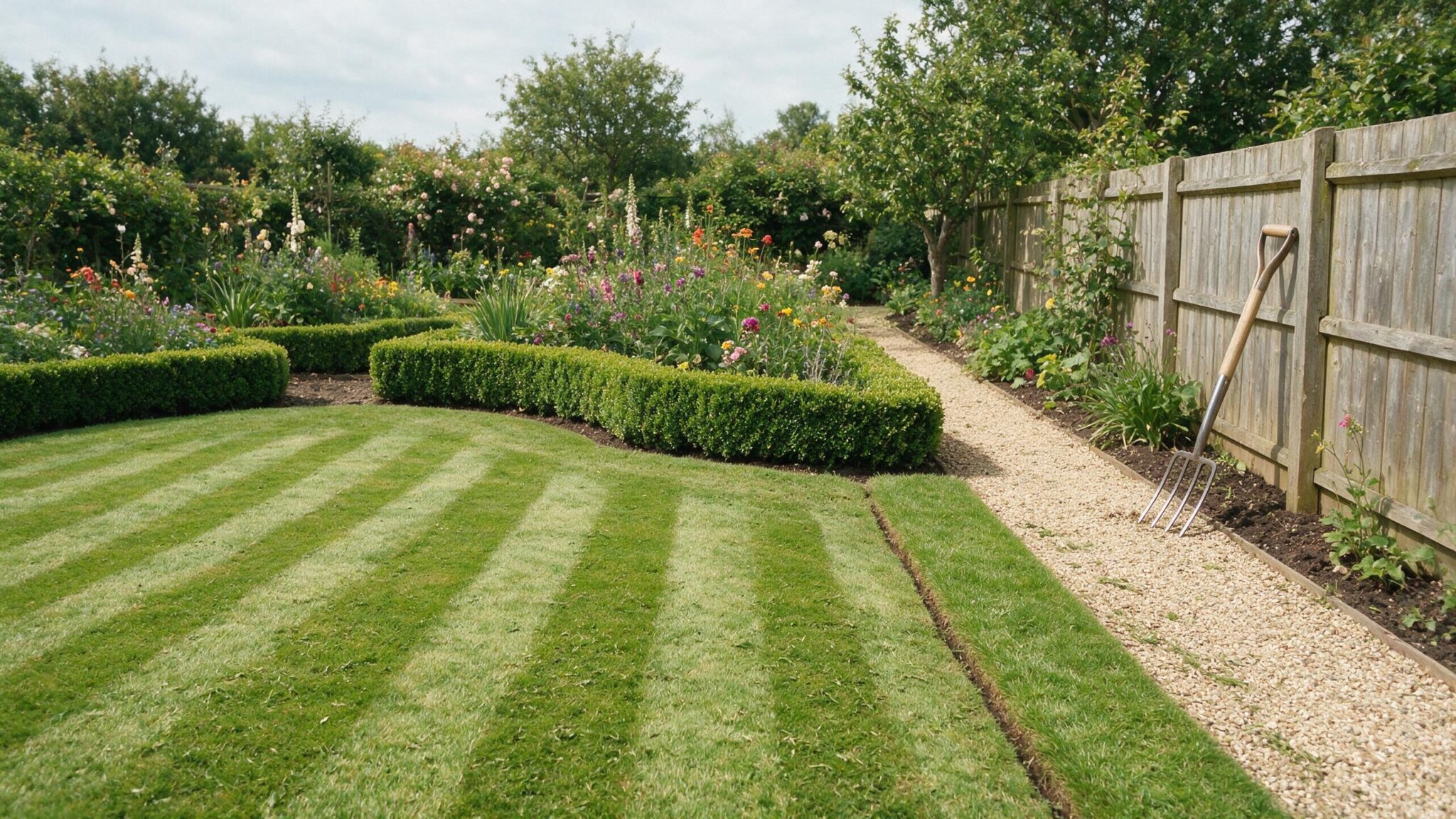 Neatly mown lawn and trimmed hedges after a garden maintenance visit in Worcestershire