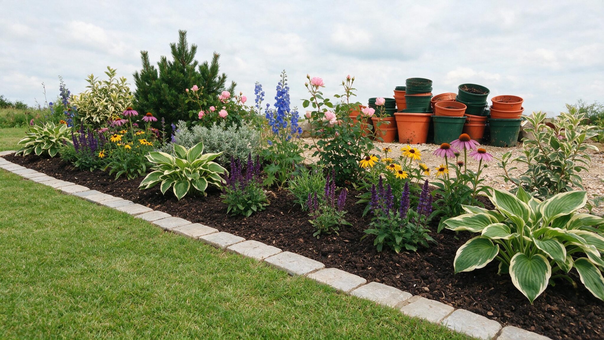 Freshly planted colourful flower border in a Worcestershire garden