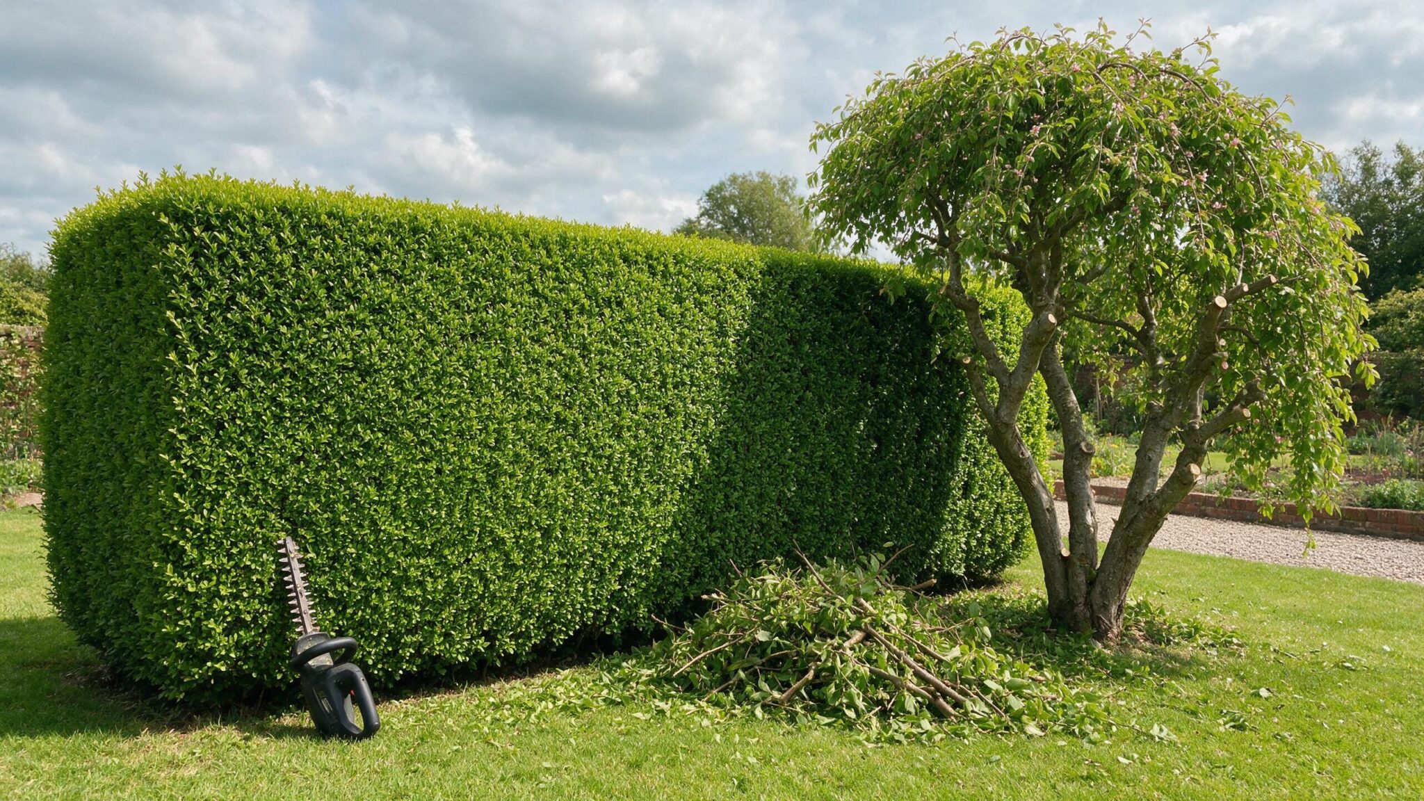 Crisply trimmed hedge and pruned tree after hedge cutting in Worcestershire