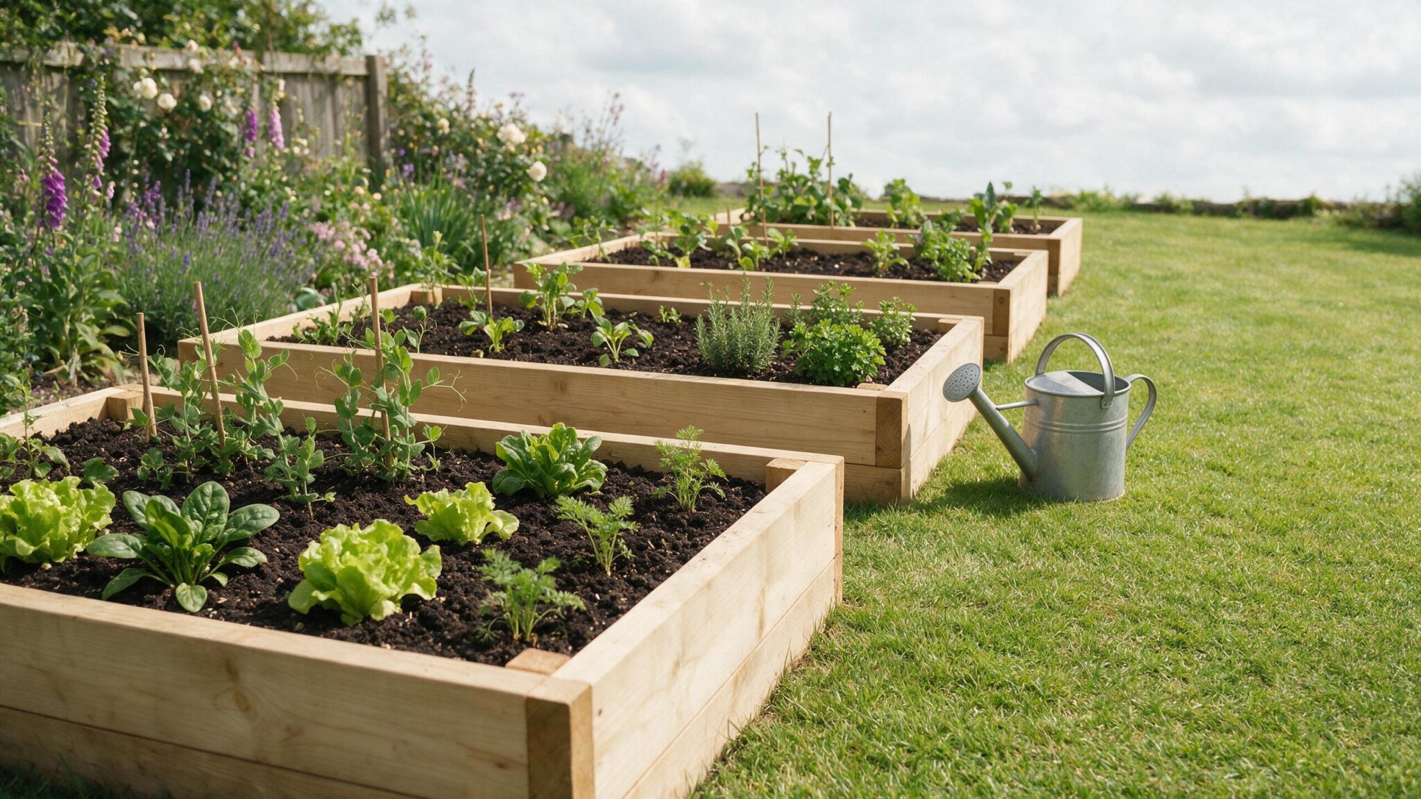Newly built timber raised garden beds planted in a Worcestershire garden