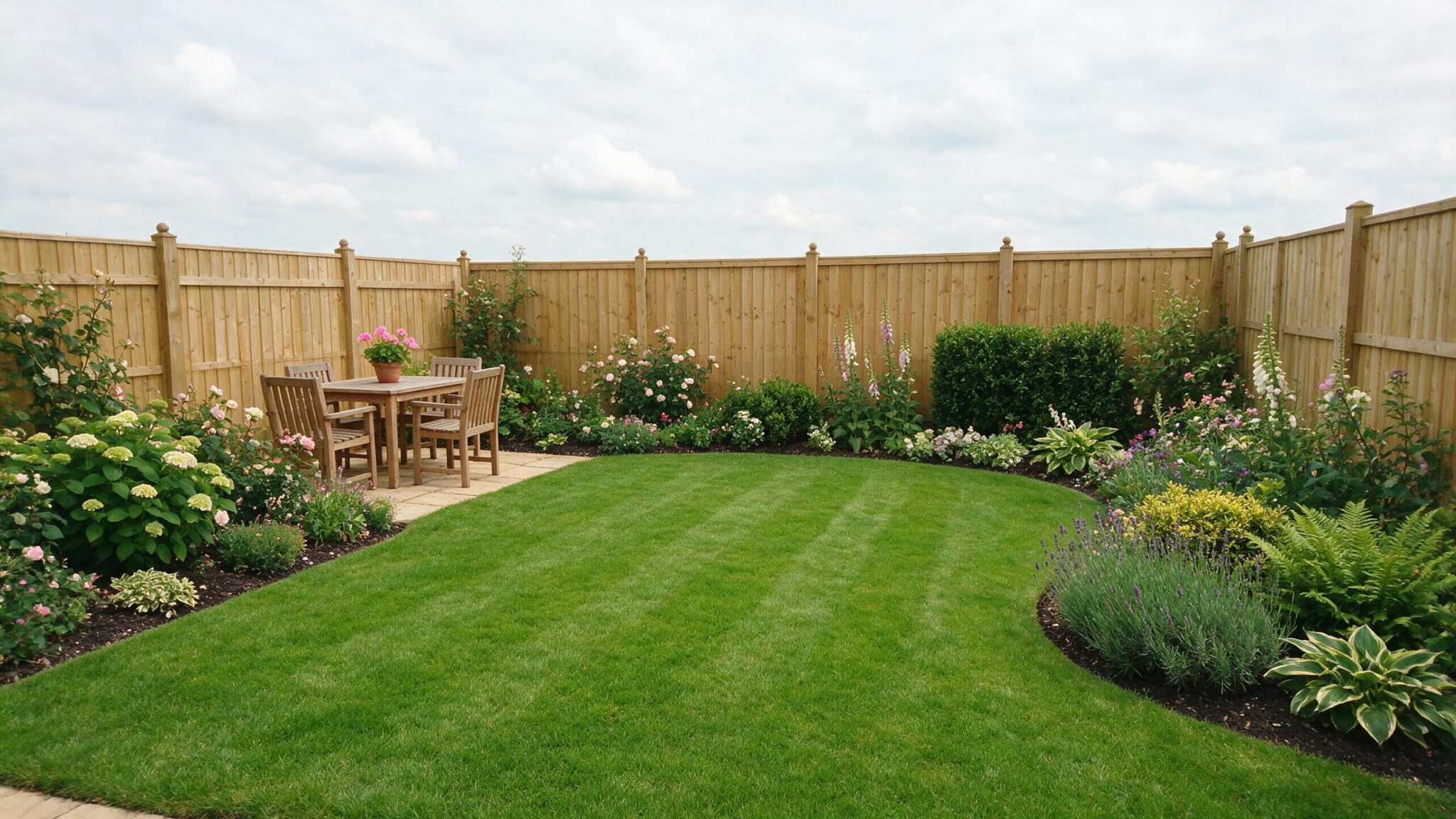 Finished residential back garden landscaping with lawn, patio and borders in Worcestershire