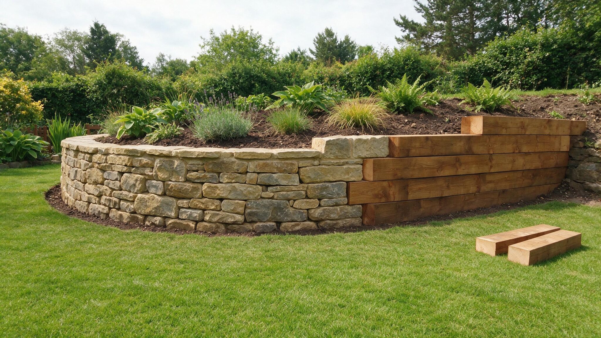 Newly built retaining wall in a sloped Worcestershire garden