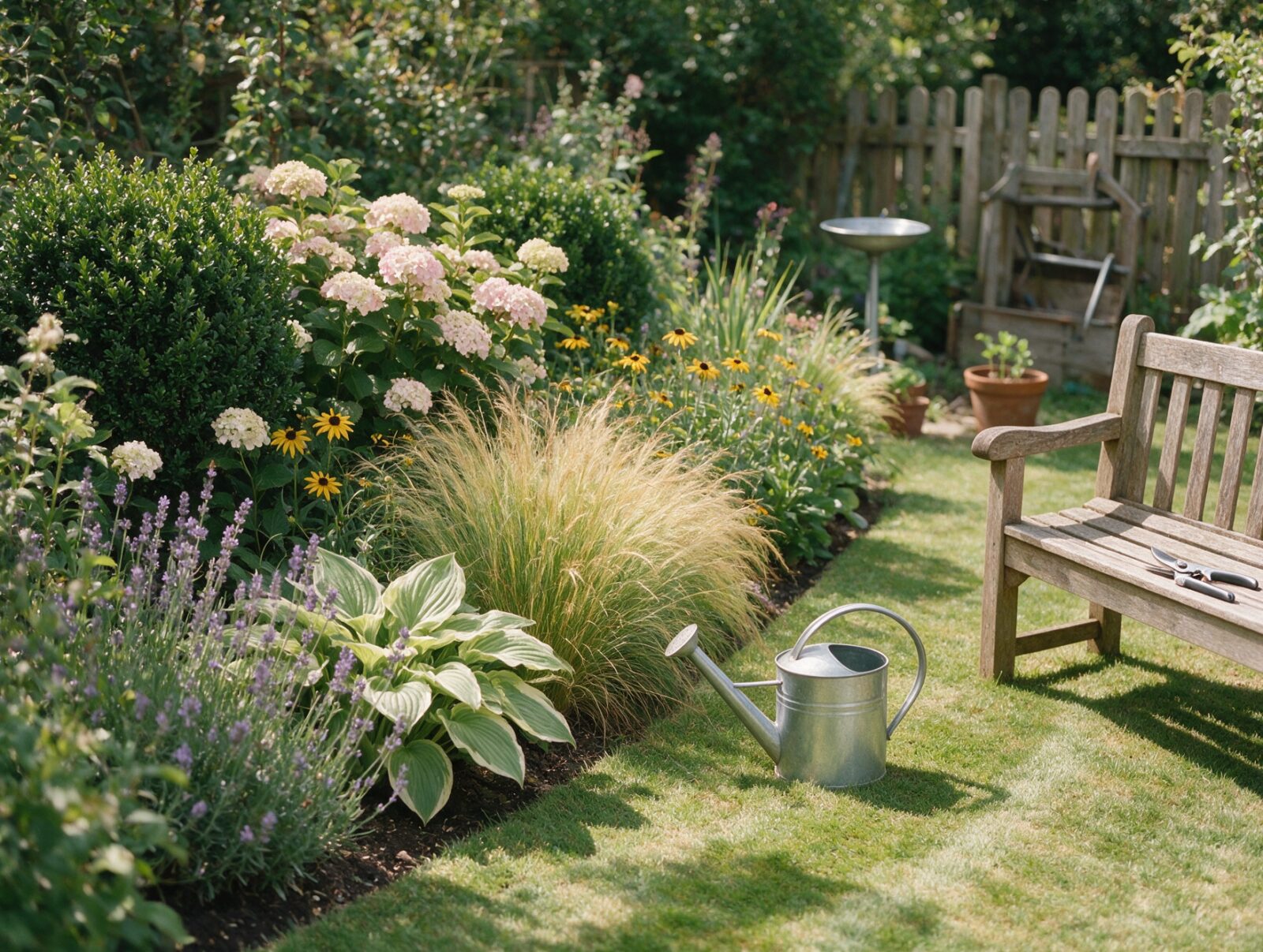 A well-established garden border, freshly weeded and edged, with a wooden bench and watering can on the lawn