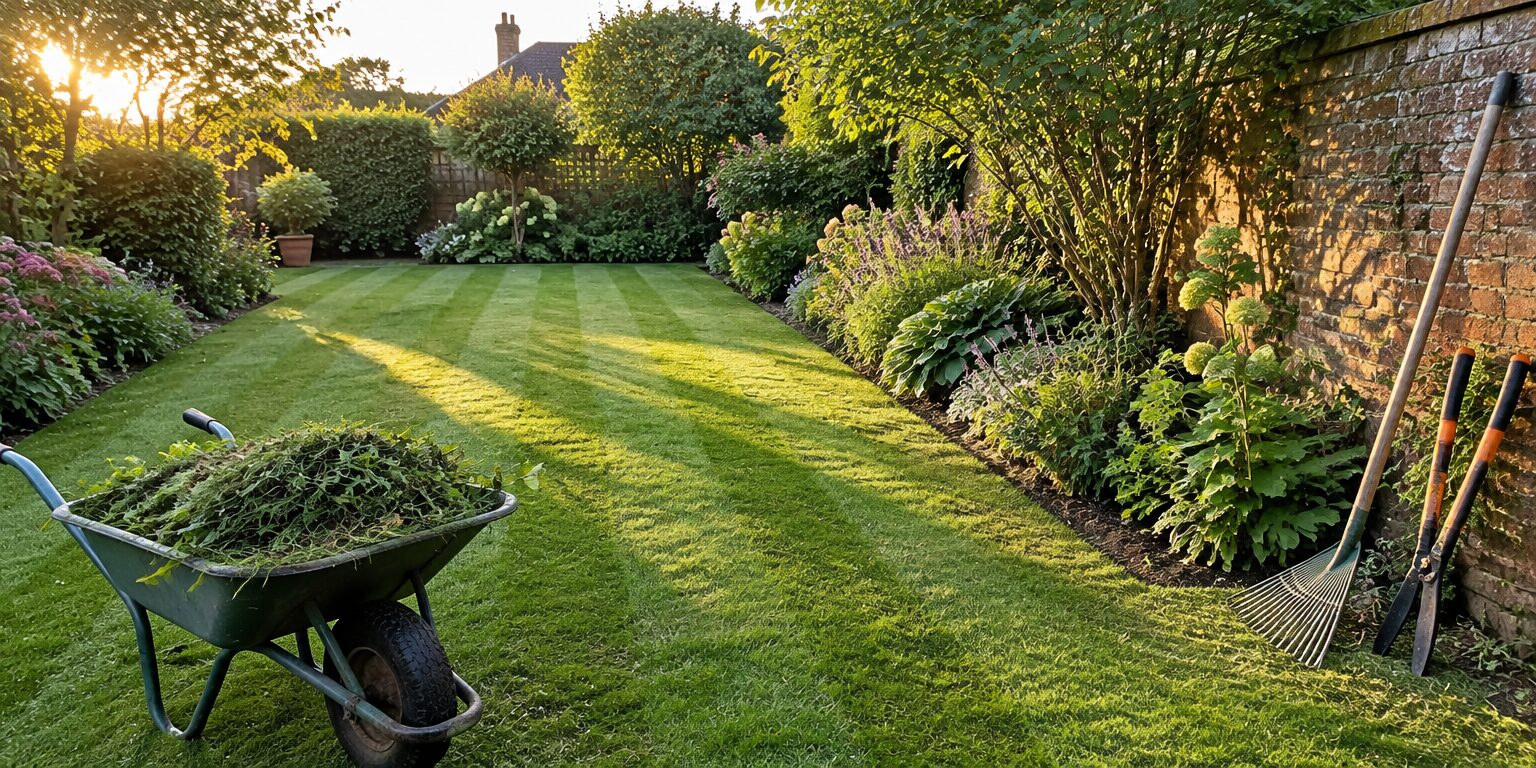 A freshly mown Worcestershire garden with a striped lawn, neatly edged borders and a wheelbarrow of clippings ready to be taken away