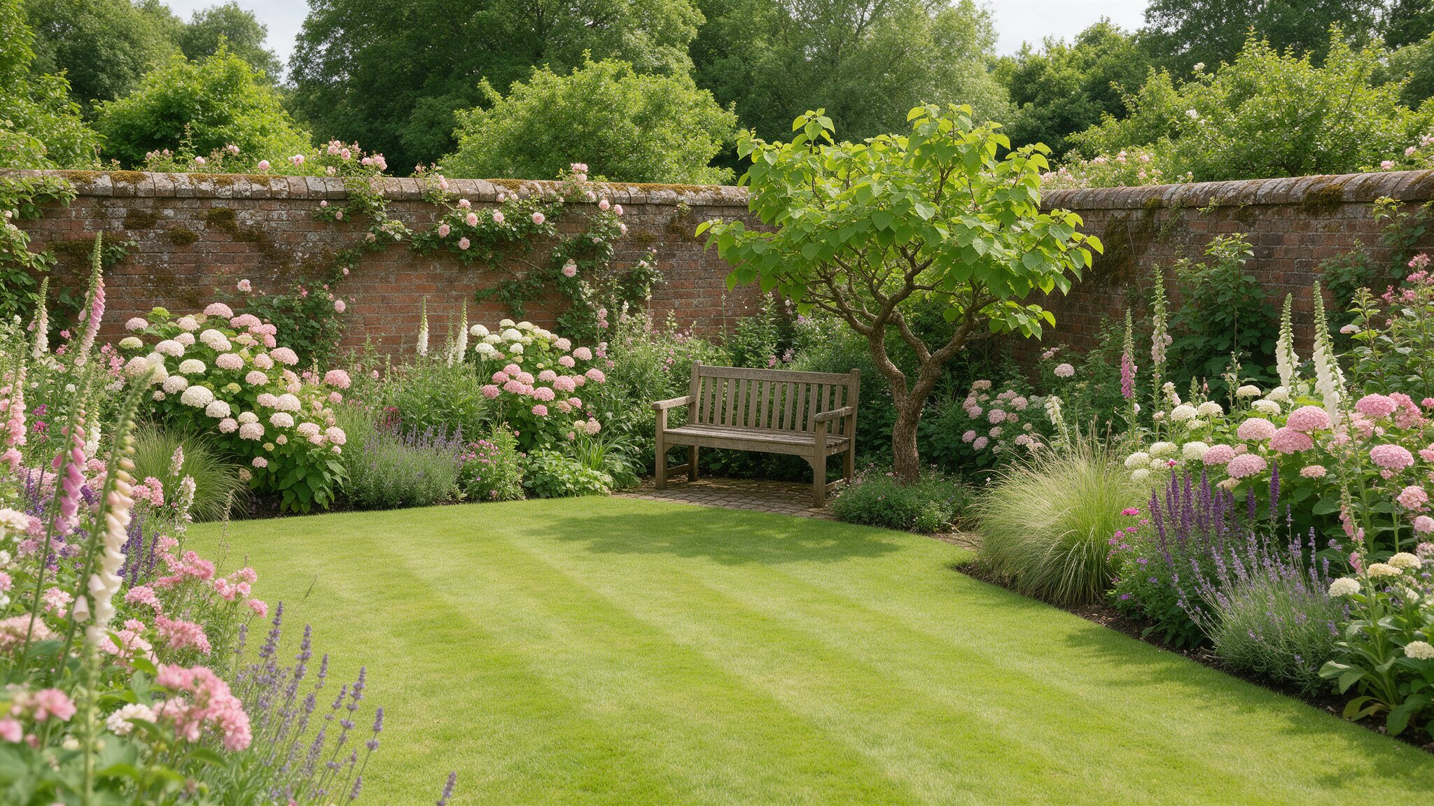 A mature walled English garden in Worcestershire with a striped lawn, established borders and a wooden bench